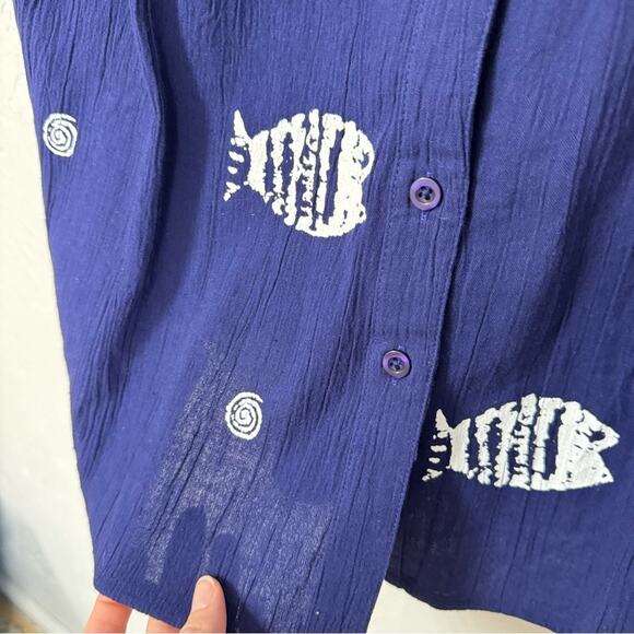 The Vermont Country Store Navy Blue Crepe Cotton White Fish Print Dress Womens M - Picture 3 of 12